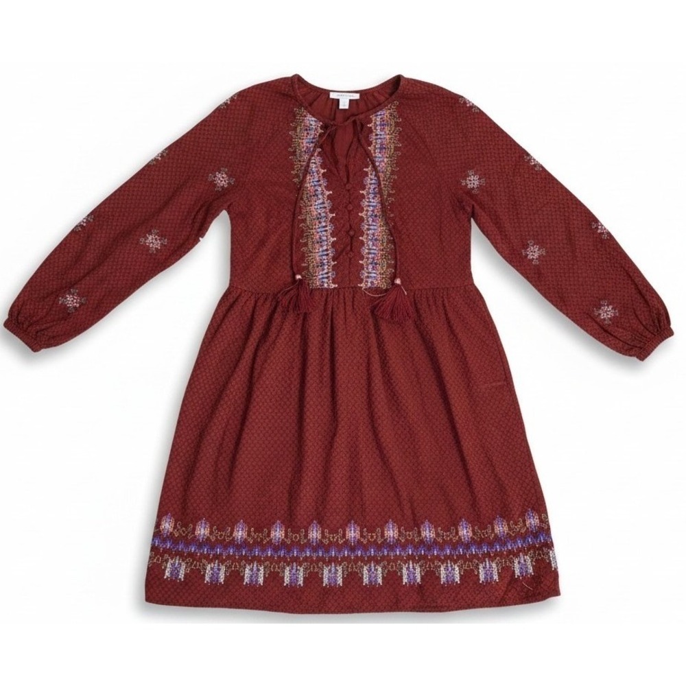 Knox Rose‎ Burgundy Boho Dress Womens Small Embroidered Cross Stitch Peasant